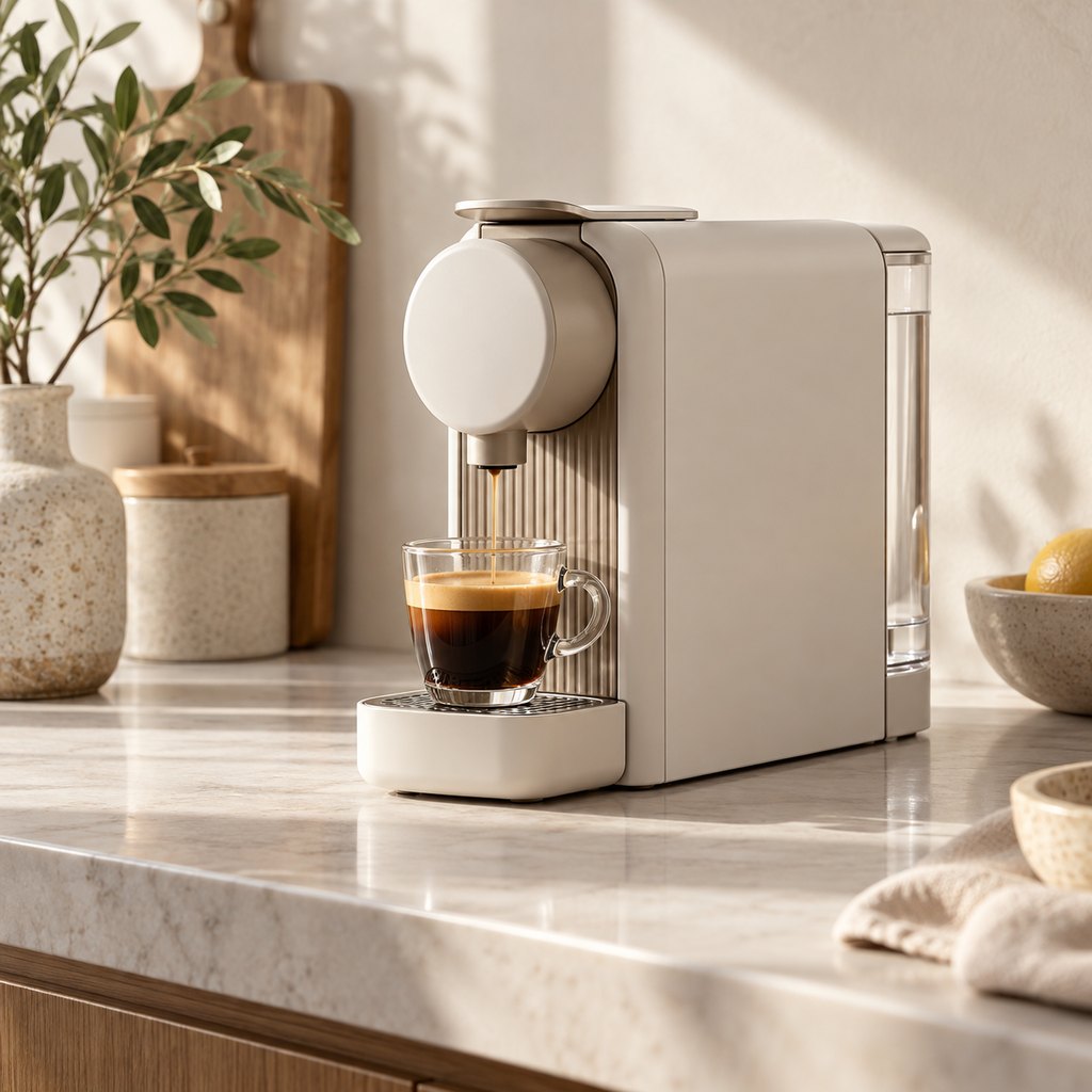 Off-white compact espresso machine with a small glass of espresso