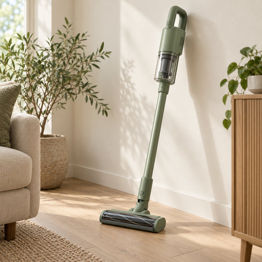Sage green cordless stick vacuum leaning against a cream wall